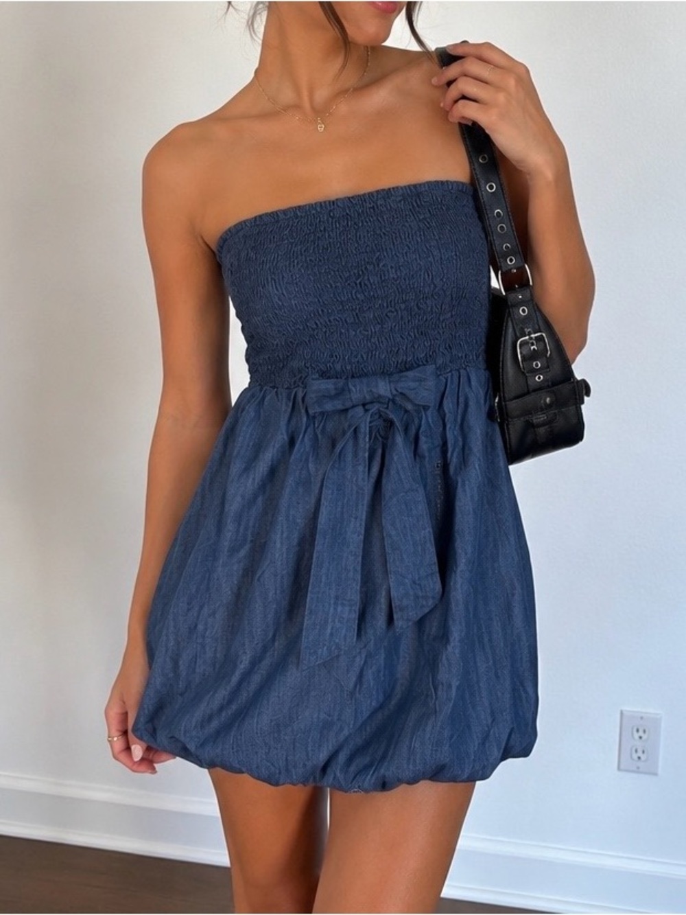 Vintage Boom Boom Strapless Denim Bubble Dress Smocked Bow Mini Size M NWT